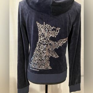 Juicy Couture Dark Blue Sequin scotty dog velour zip up hoodie jacket size Lg